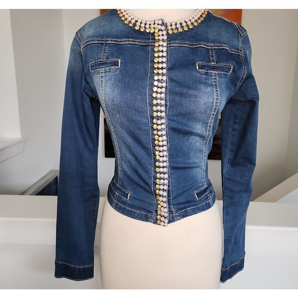 Embellished Pearls And Rhinestones Blue Jean Jacket Size M